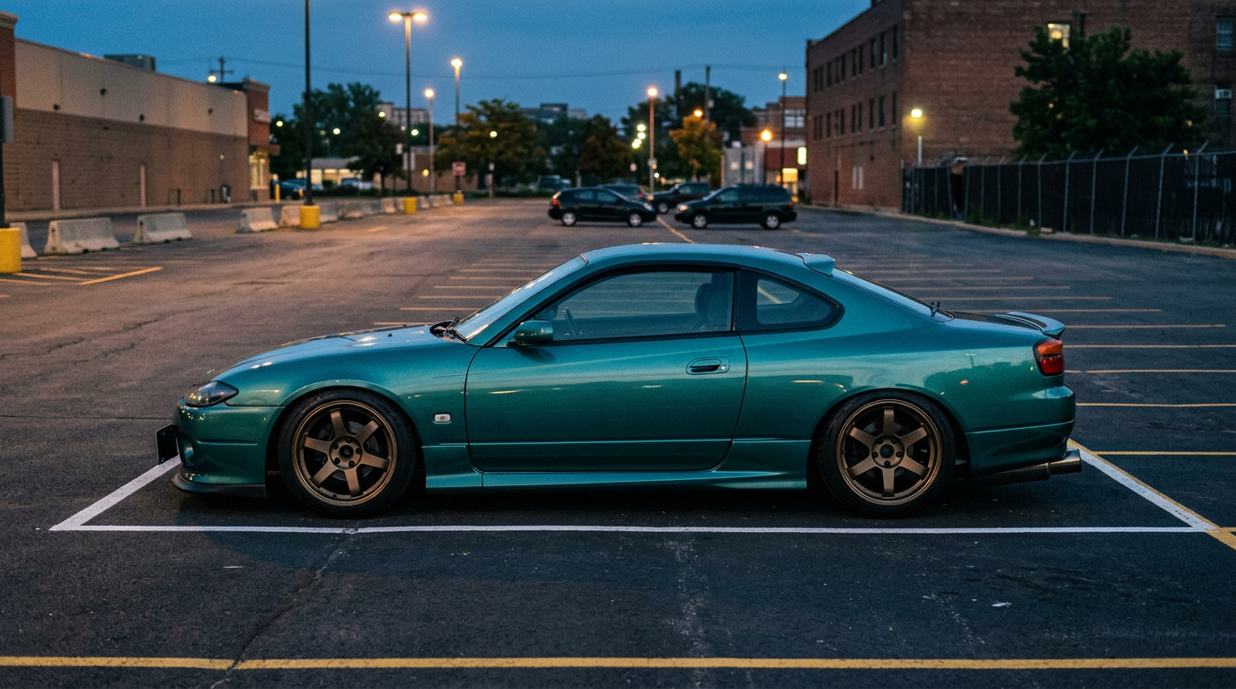 A teal coupe with bronze wheels parked side-on in a city parking lot at dusk