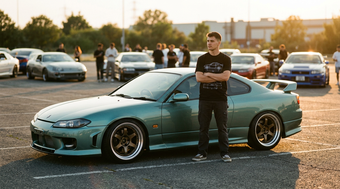 A man in a black t-shirt with a blueprint print of a teal coupe stands beside that coupe at a car meet at golden hour