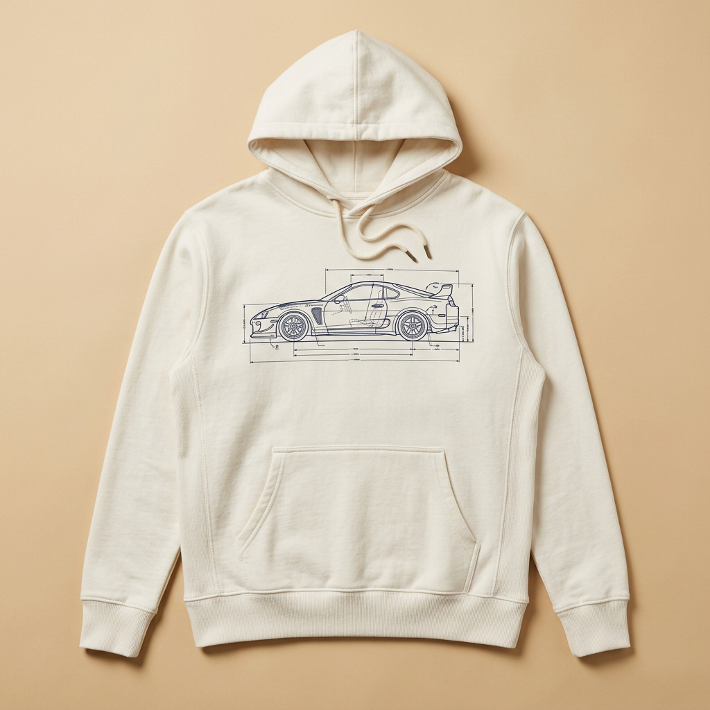 Off-white hoodie printed with a navy blueprint line drawing of a coupe