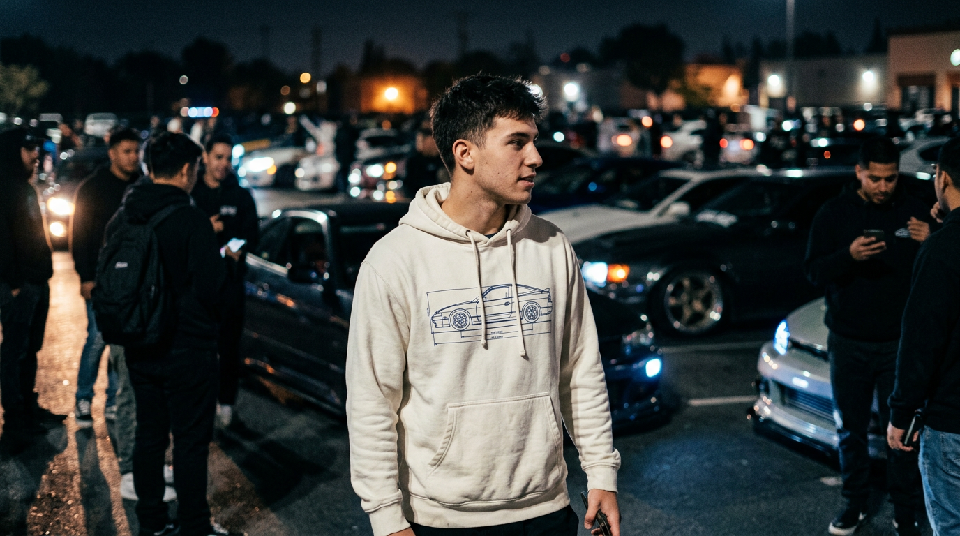 A young man at a night car meet wearing an off-white hoodie printed with a navy blueprint drawing of a coupe