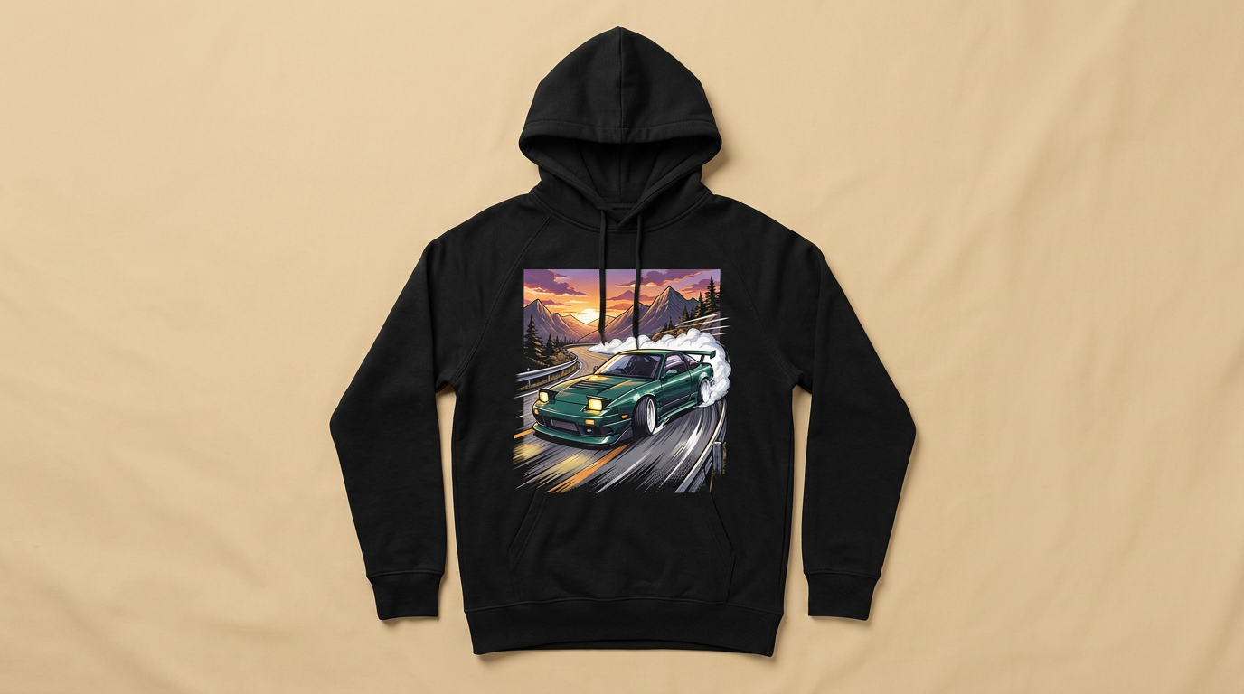 Black hoodie printed with an anime-style illustration of a teal coupe drifting through a mountain pass at sunset