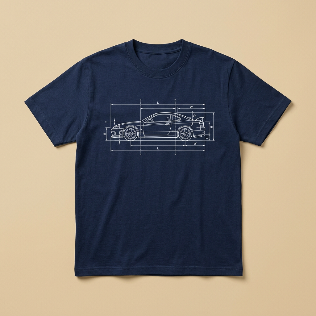 Navy t-shirt printed with a white blueprint line drawing of a coupe