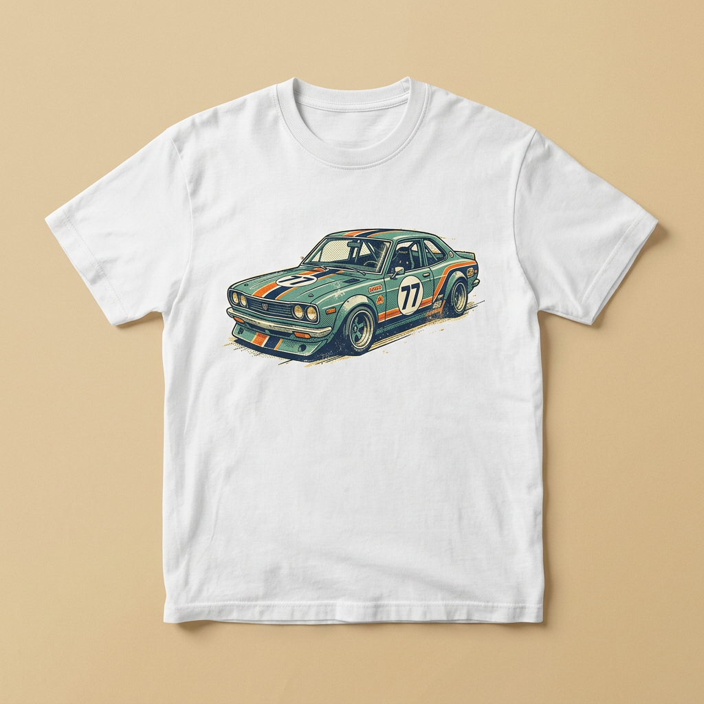 White t-shirt printed with a retro race-livery illustration of a teal coupe with orange and navy stripes